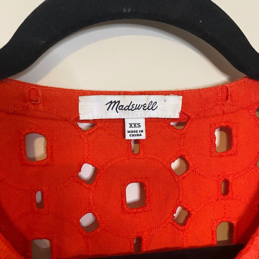 Madewell Eyelet Yoke Tassel Cuff Linen Blend Mini Dress Orange Red F0952 XXS - Picture 3 of 8
